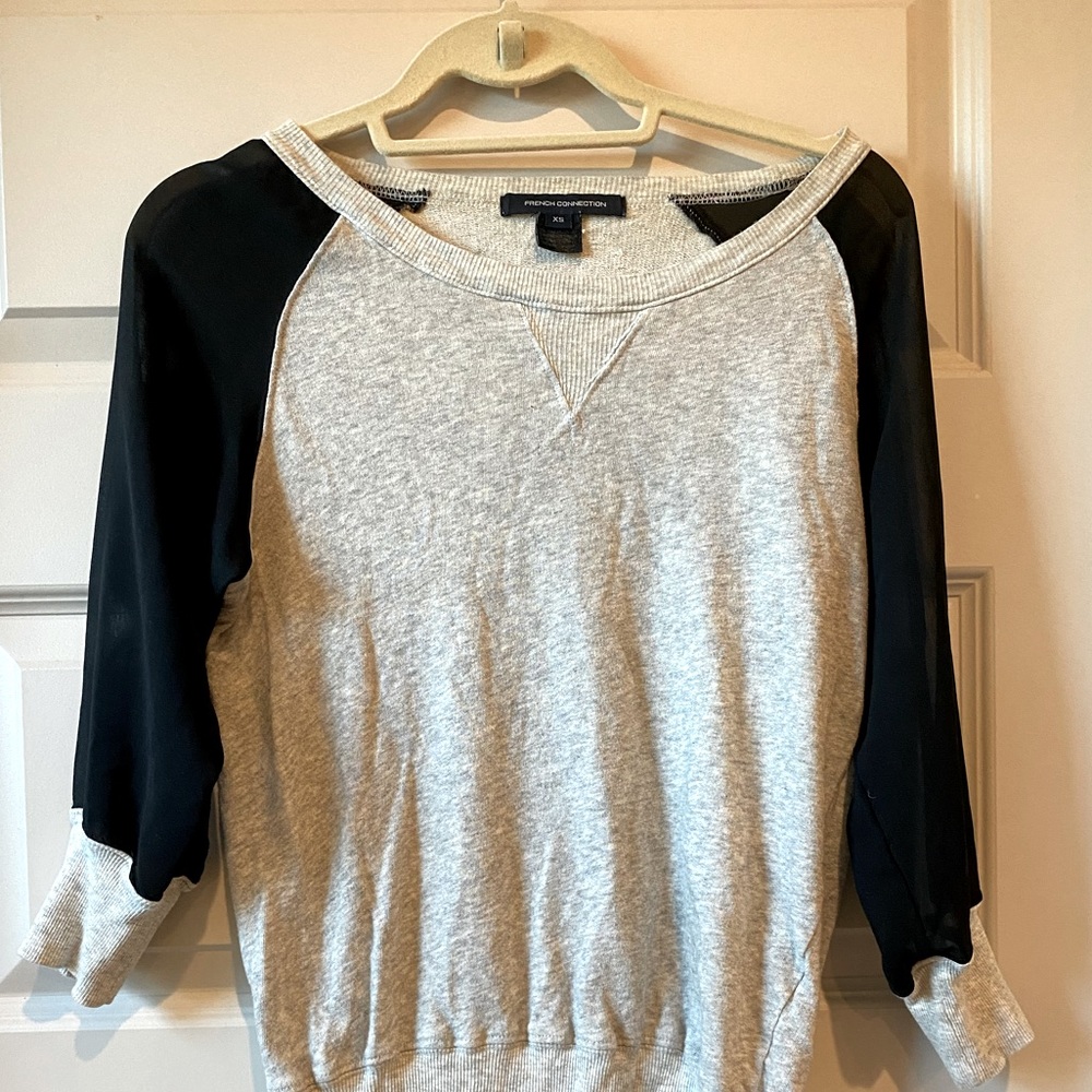 French connection grey sweater with sheer sleeve